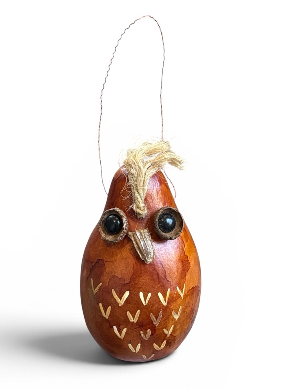 Folk Art Gourd Brown Owl Bird Ornament Handcrafted Hanging Decor 5”H
